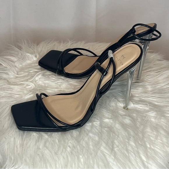 H HALSTON Wizard Black Strappy Vegan Leather Clear Stiletto Heels Open Toe 6.5 - Picture 6 of 7